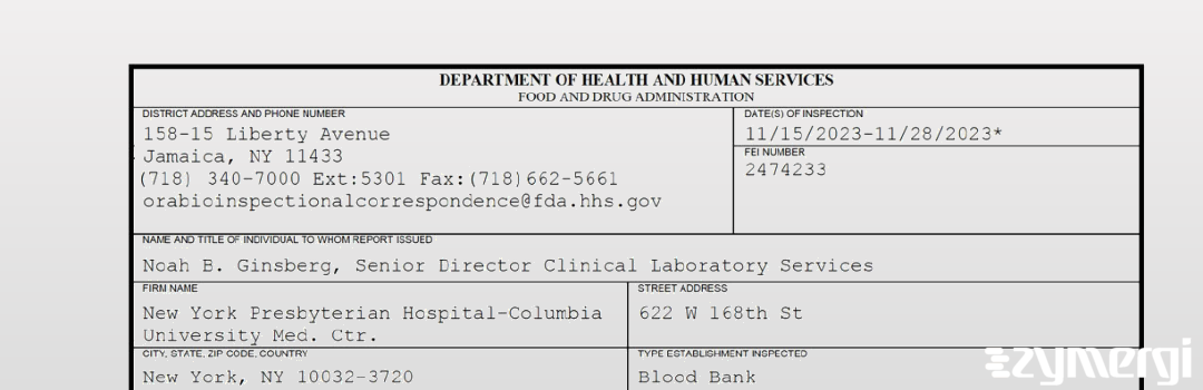 FDANews 483 New York Presbyterian Hospital-Columbia University Med. Ctr. Nov 28 2023 top
