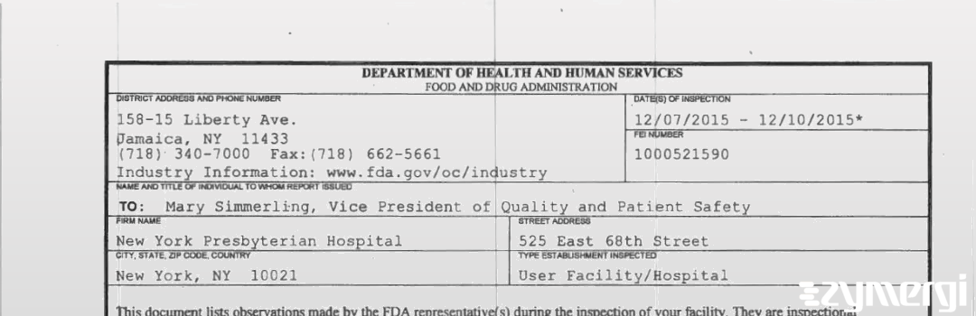 FDANews 483 New York Presbyterian Hospital Dec 10 2015 top