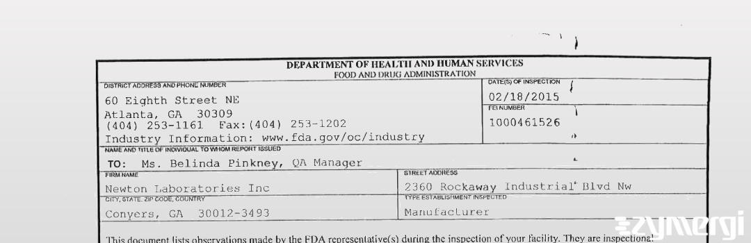 FDANews 483 Newton Laboratories, Inc. Feb 18 2015 top