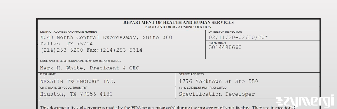 FDANews 483 NEXALIN TECHNOLOGY INC. Feb 20 2020 top