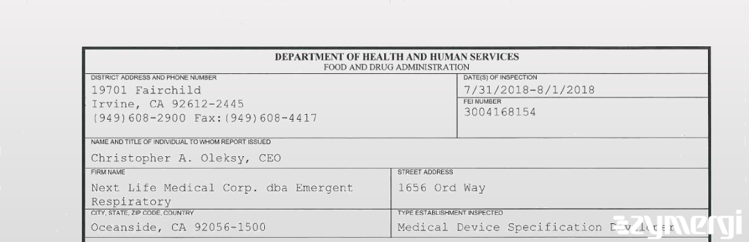 FDANews 483 Next Life Medical Corp. dba Emergent Respiratory Aug 1 2018 top