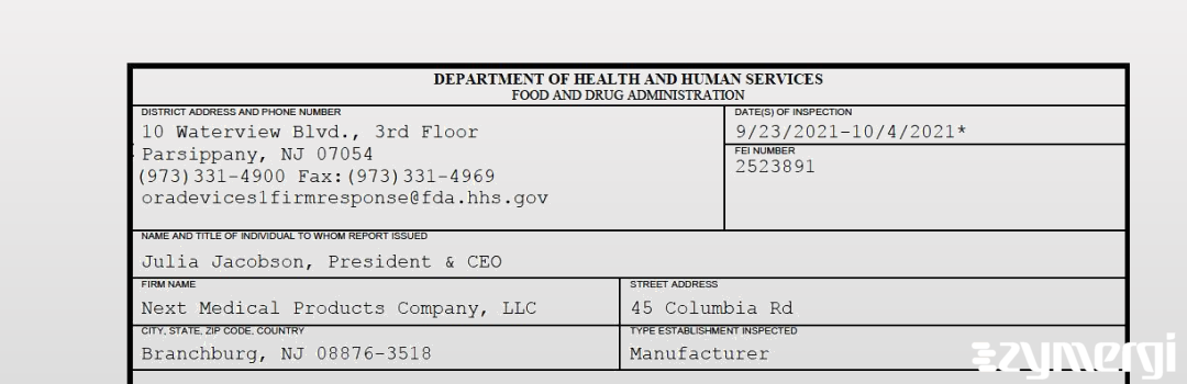 FDANews 483 Next Medical Products Company, LLC Oct 4 2021 top