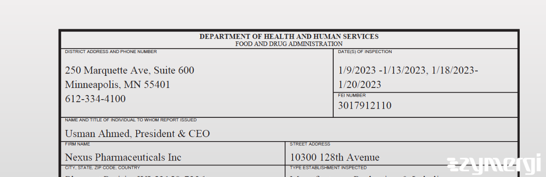 FDANews 483 Nexus Pharmaceuticals Inc Jan 20 2023 top