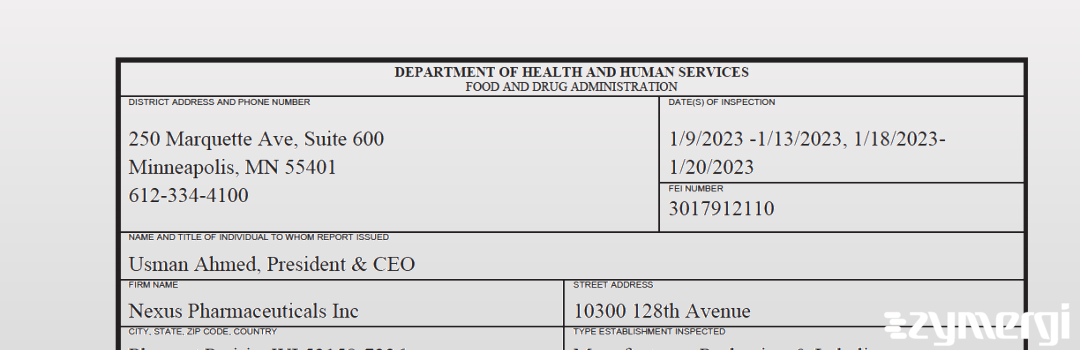 FDANews 483 Nexus Pharmaceuticals Inc Jan 20 2023 top