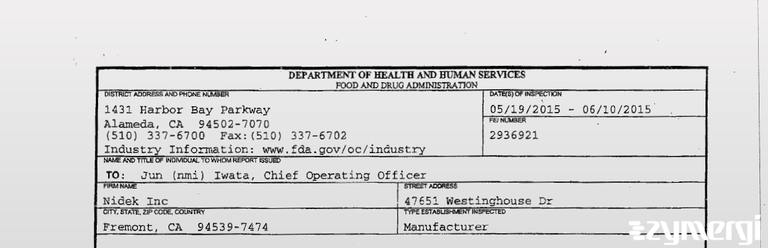 FDANews 483 Nidek, Inc. Jun 10 2015 top