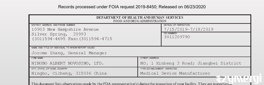 FDANews 483 NINGBO ALBERT NOVOSINO, LTD. Jul 18 2019 top