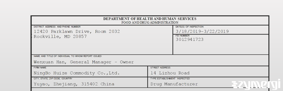 FDANews 483 NingBo Huize Commodity Co.,Ltd. Mar 22 2019 top