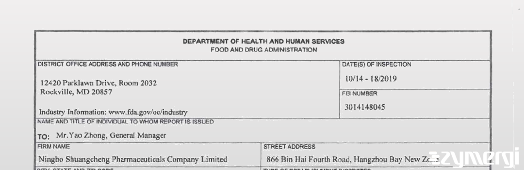 FDANews 483 Ningbo Shuangcheng Pharmaceutical Co., Ltd. Oct 18 2019 top