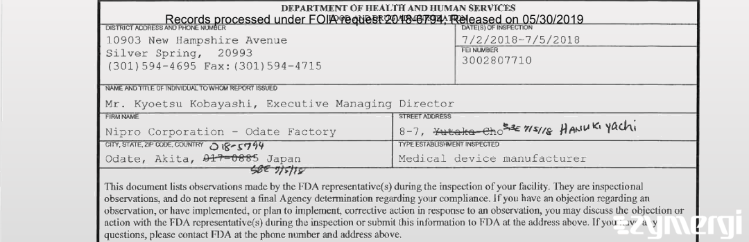 FDANews 483 Nipro Corporation - Odate Factory Jul 5 2018 top