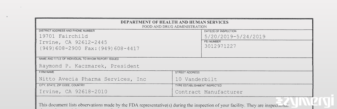 FDANews 483 Nitto Avecia Pharma Services, Inc May 24 2019 top