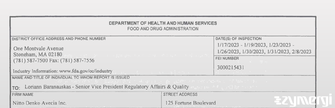 FDANews 483 Nitto Denko Avecia Inc. Feb 8 2023 top