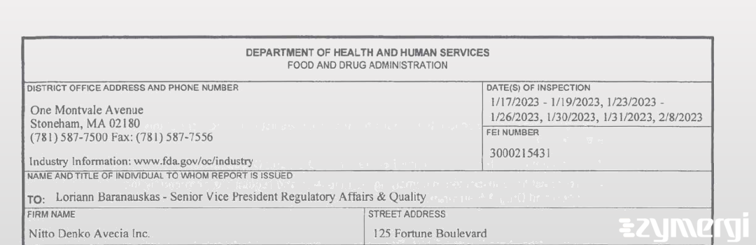 FDANews 483 Nitto Denko Avecia Inc. Feb 8 2023 top