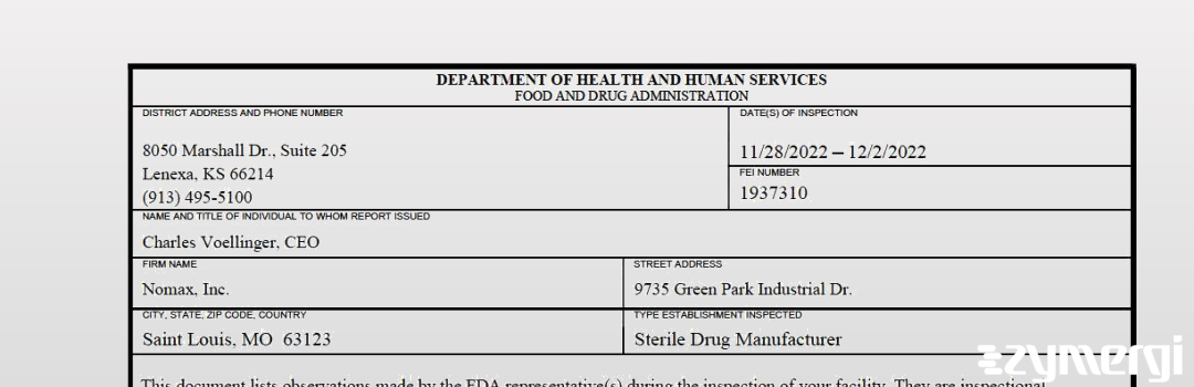 FDANews 483 Nomax Inc Dec 2 2022 top