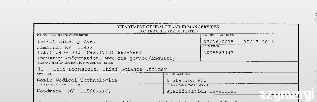 FDANews 483 Nomir Medical Technologies Jul 17 2015 top