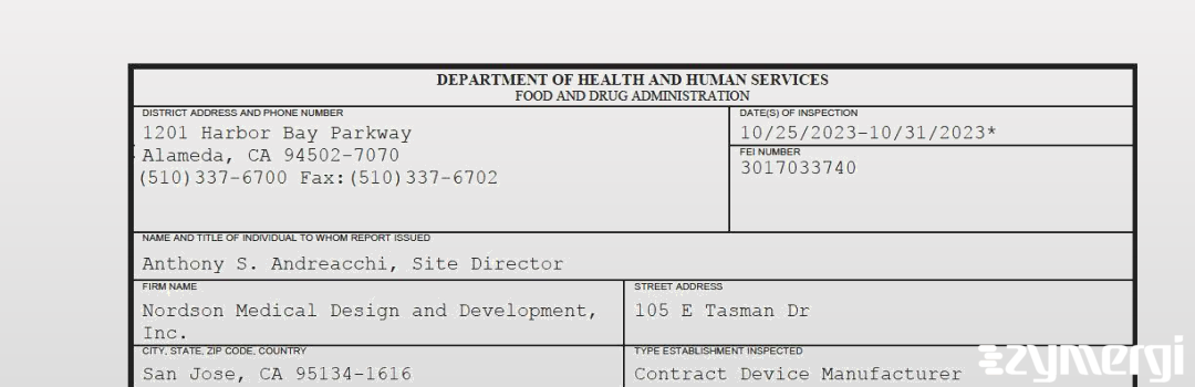 FDANews 483 Nordson Medical Design and Development, Inc. Oct 31 2023 top