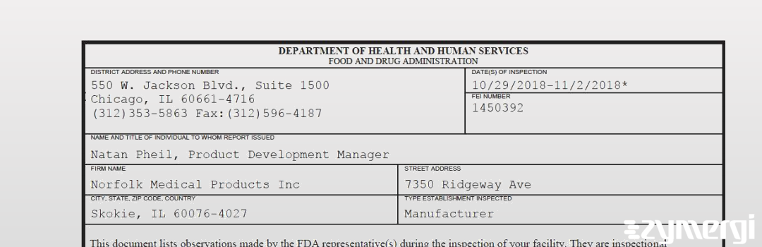 FDANews 483 Norfolk Medical Products Inc Nov 2 2018 top