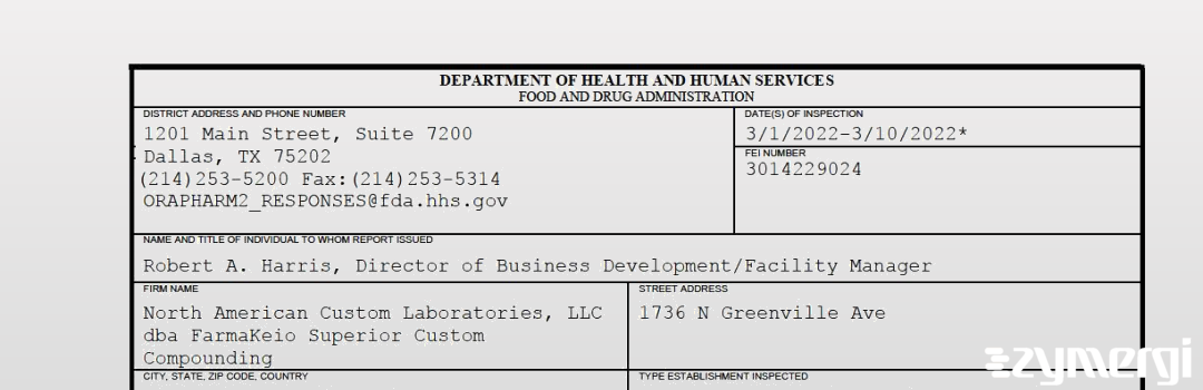 FDANews 483 North American Custom Laboratories, LLC dba FarmaKeio Superior Custom Compounding Mar 10 2022 top