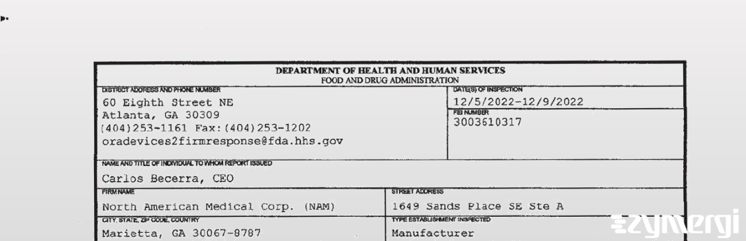 FDANews 483 North American Medical Corp. (NAM) Dec 9 2022 top