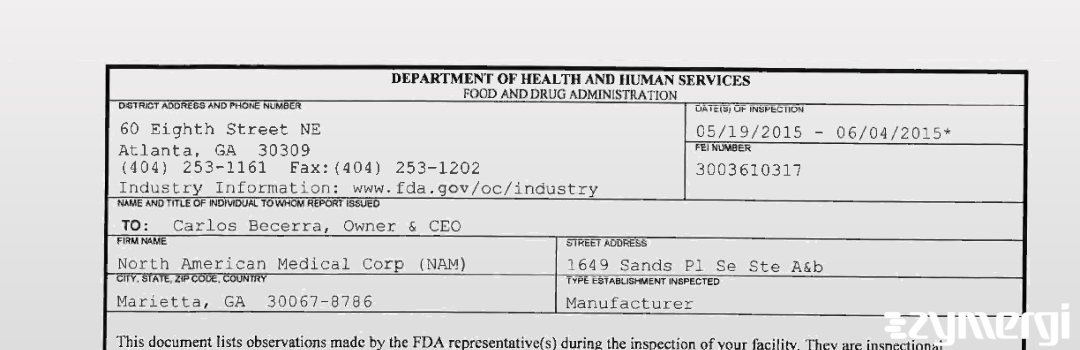 FDANews 483 North American Medical Corp. (NAM) Jun 4 2015 top