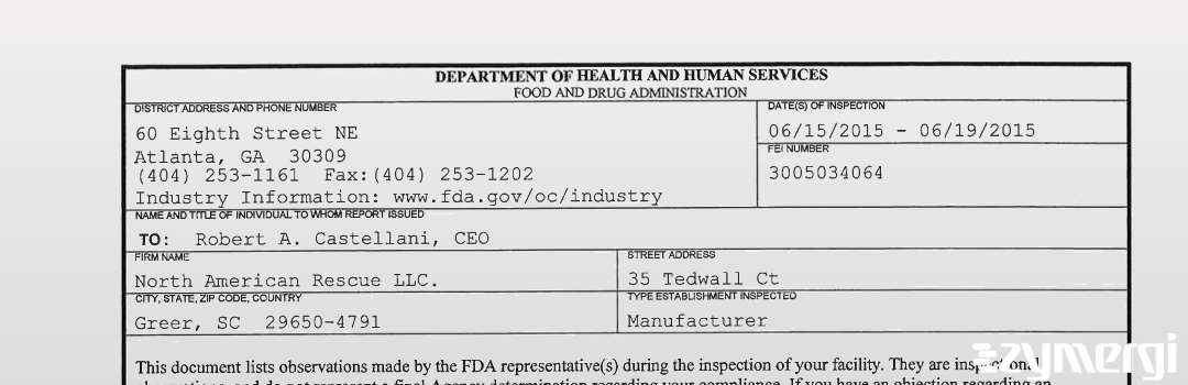 FDANews 483 North American Rescue LLC. Jun 19 2015 top