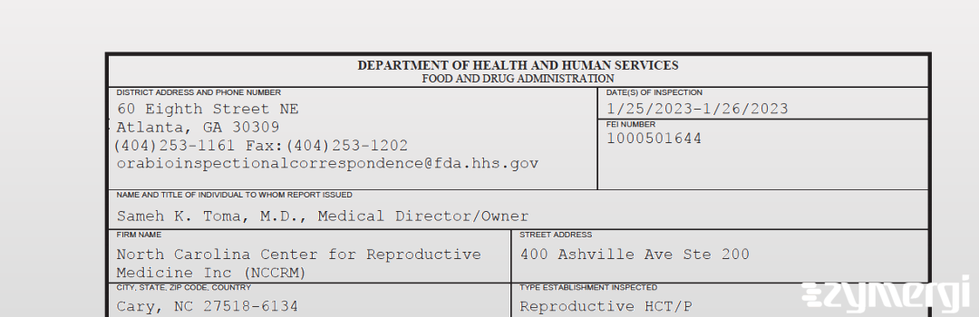 FDANews 483 North Carolina Center for Reproductive Medicine Inc (NCCRM) Jan 26 2023 top