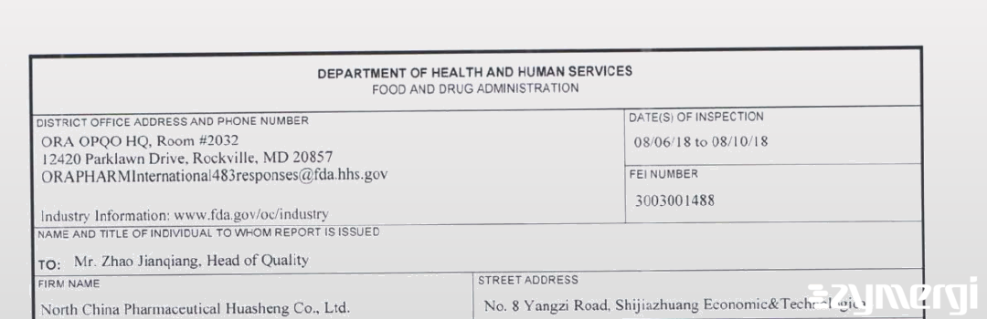 FDANews 483 North China Pharmaceutical Huasheng Co., LTD Aug 10 2018 top