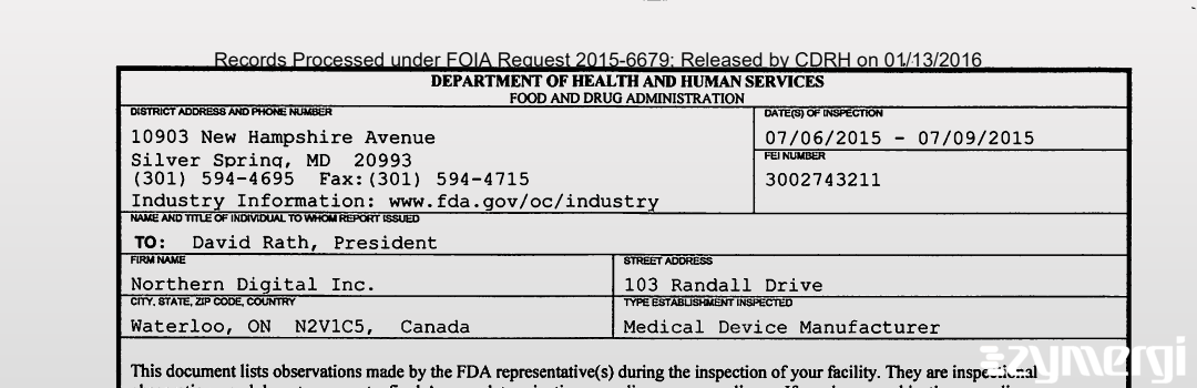 FDANews 483 Northern Digital Inc. Jul 9 2015 top