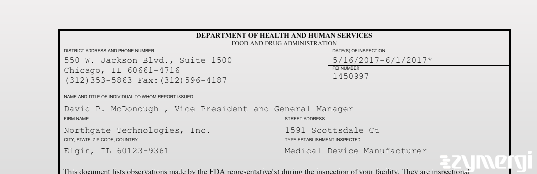 FDANews 483 Northgate Technologies, Inc. Jun 1 2017 top