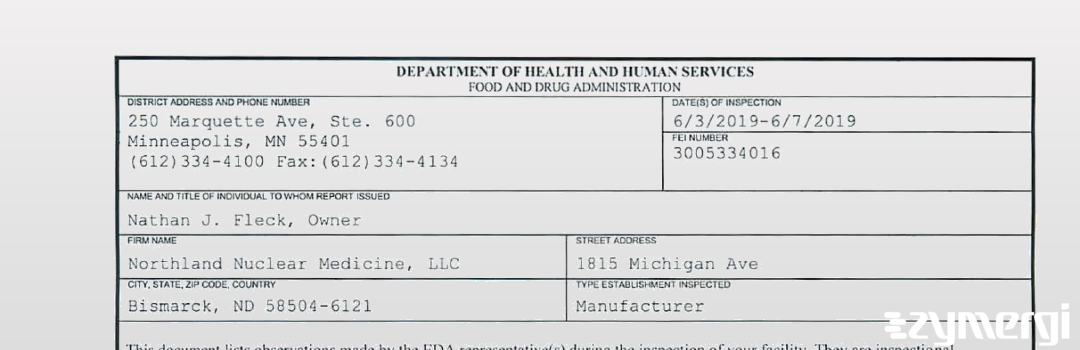 FDANews 483 Northland Nuclear Medicine, LLC Jun 7 2019 top