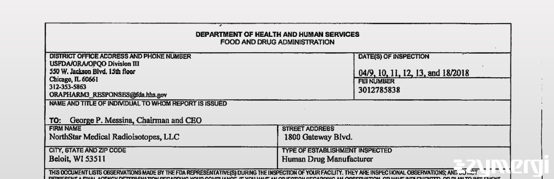 FDANews 483 NorthStar Medical Radioisotopes, LLC Apr 18 2018 top