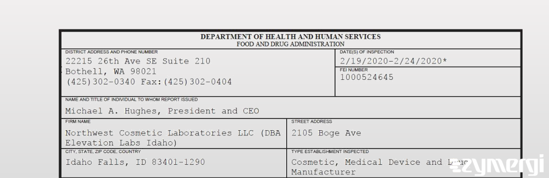 FDANews 483 Northwest Cosmetic Laboratories LLC (DBA Elevation Labs Idaho) Feb 24 2020 top