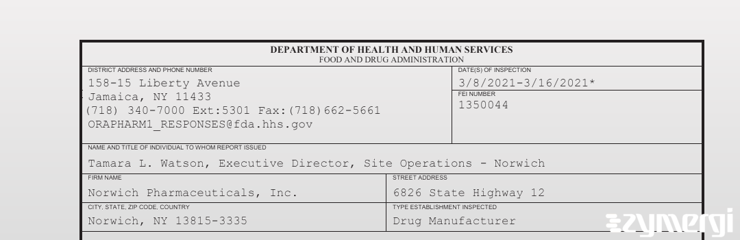 FDANews 483 Norwich Pharmaceuticals, Inc. Mar 16 2021 top