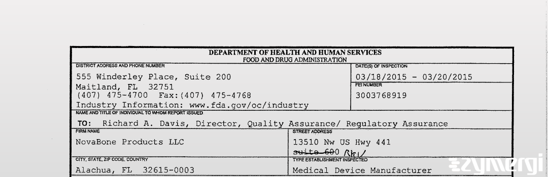 FDANews 483 NovaBone Products LLC Mar 20 2015 top