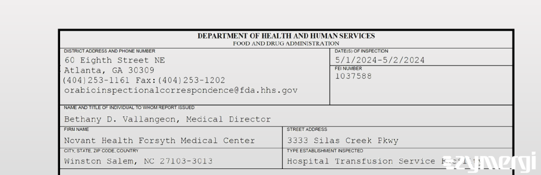 FDANews 483 Novant Health Forsyth Medical Center May 2 2024 top