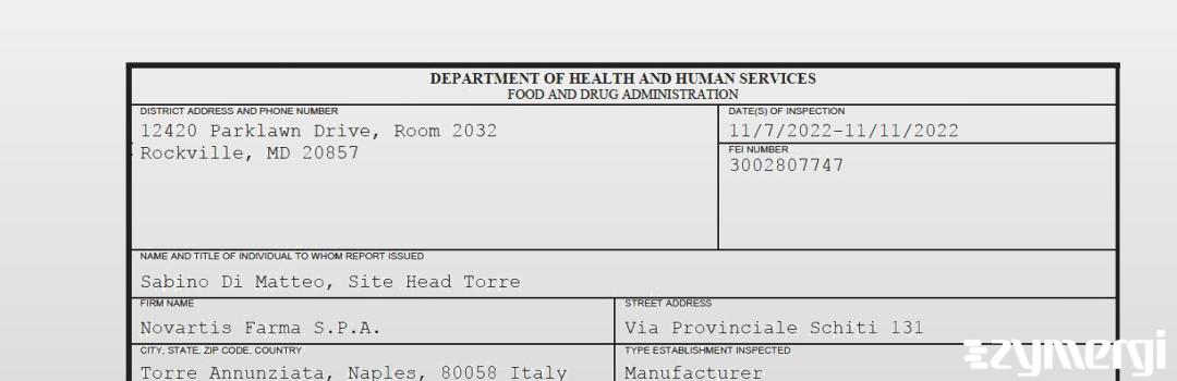 FDANews 483 Novartis Farma S.P.A. Nov 11 2022 top