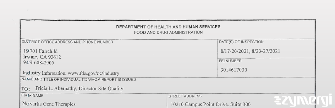 FDANews 483 Novartis Gene Therapies Aug 27 2021 top