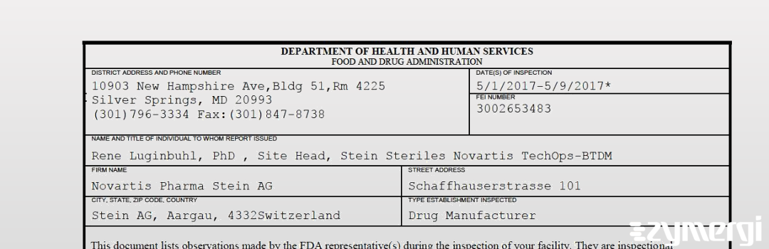 FDANews 483 Novartis Pharma Stein AG May 9 2017 top