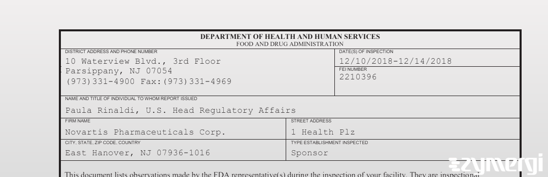 FDANews 483 Novartis Pharmaceuticals Corp. Dec 14 2018 top