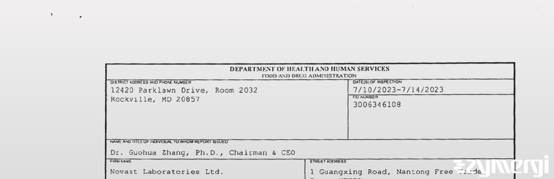 FDANews 483 Novast Laboratories Ltd. Jul 14 2023 top