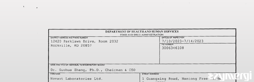 FDANews 483 Novast Laboratories Ltd. Jul 14 2023 top