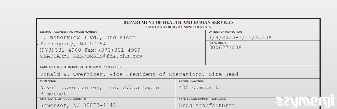 FDANews 483 Novel Laboratories, Inc. d.b.a Lupin Somerset Jan 13 2023 top