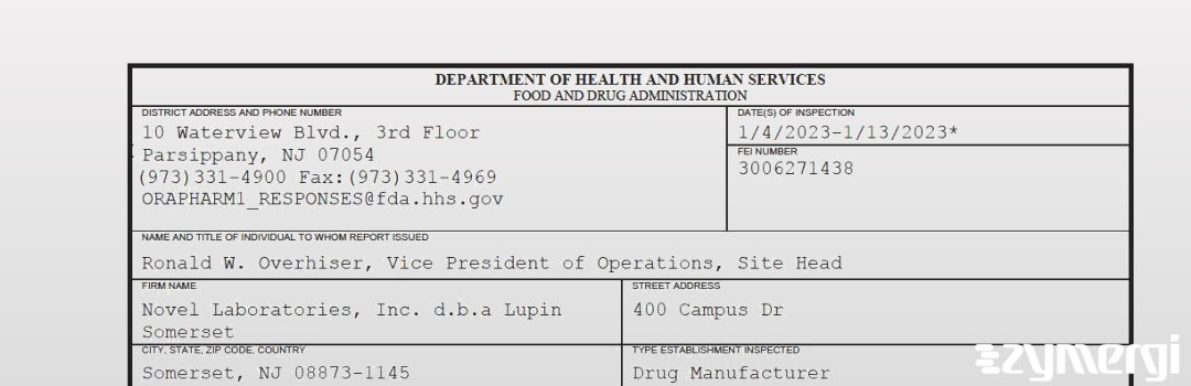 FDANews 483 Novel Laboratories, Inc. d.b.a Lupin Somerset Jan 13 2023 top