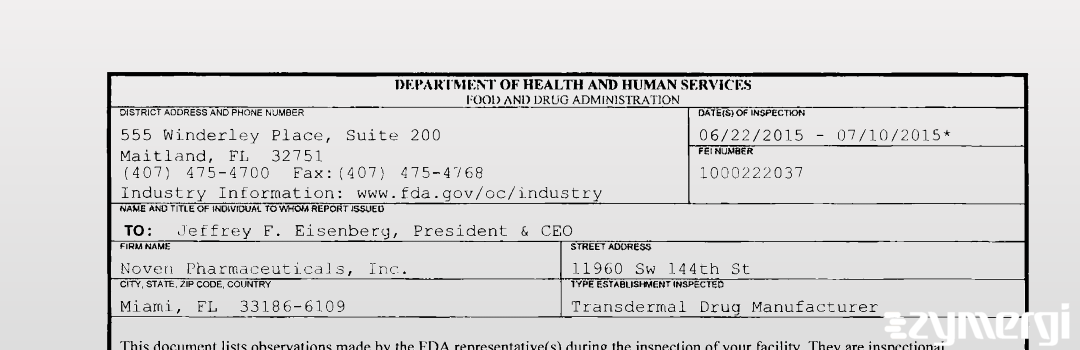 FDANews 483 Noven Pharmaceuticals Inc Jul 10 2015 top