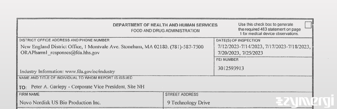 FDANews 483 Novo Nordisk US Bio Production Inc. Jul 25 2023 top