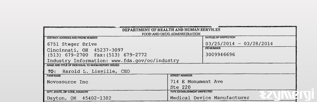 FDANews 483 Novosource Inc Mar 28 2014 top