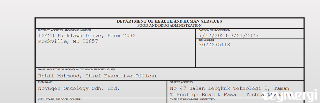 FDANews 483 Novugen Oncology Sdn. Bhd. Jul 21 2023 top