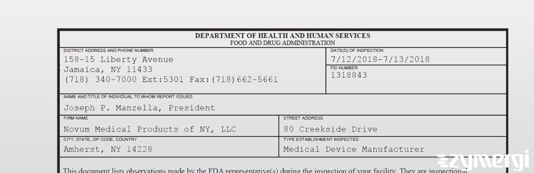 FDANews 483 Novum Medical Products of NY, LLC Jul 13 2018 top