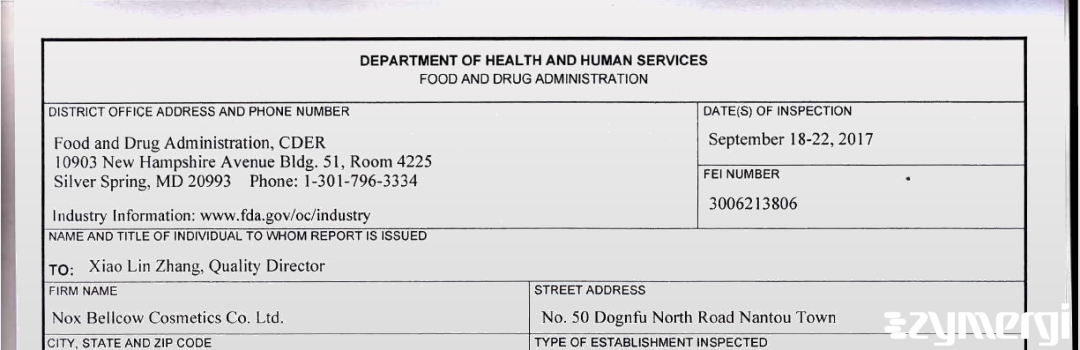 FDANews 483 Nox Bellcow Cosmetics Co. Ltd. Sep 22 2017 top
