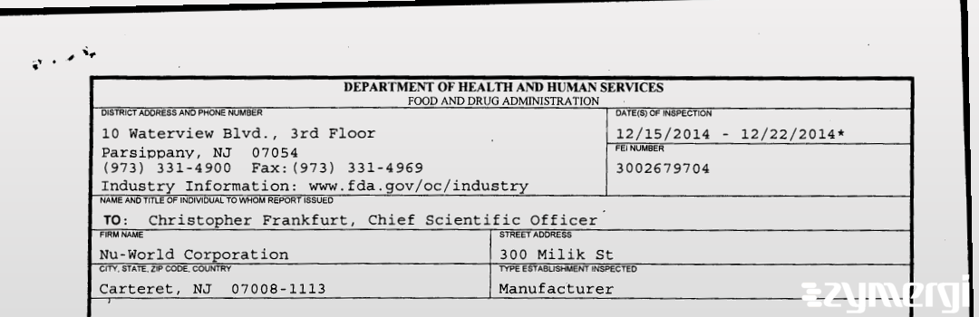 FDANews 483 Nu-World Corporation Dec 22 2014 top