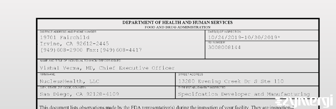 FDANews 483 NucleusHealth, LLC Oct 30 2019 top